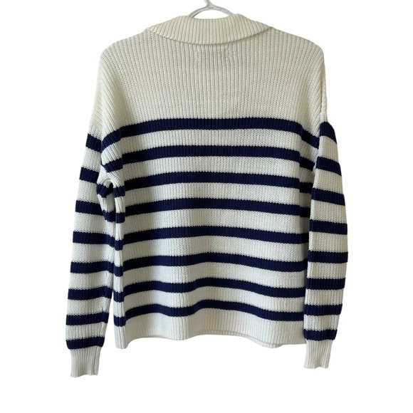 NWT Loft Women’s Blue Ivory Striped Collared Lace Up Tie Neck Knit Sweater Sz XS - Picture 2 of 9
